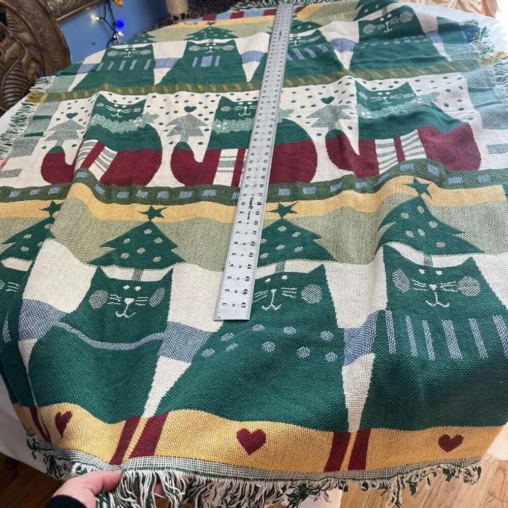 Crown Crafts Cat Kitty Christmas Cotton Throw Blanket VTG Rare
